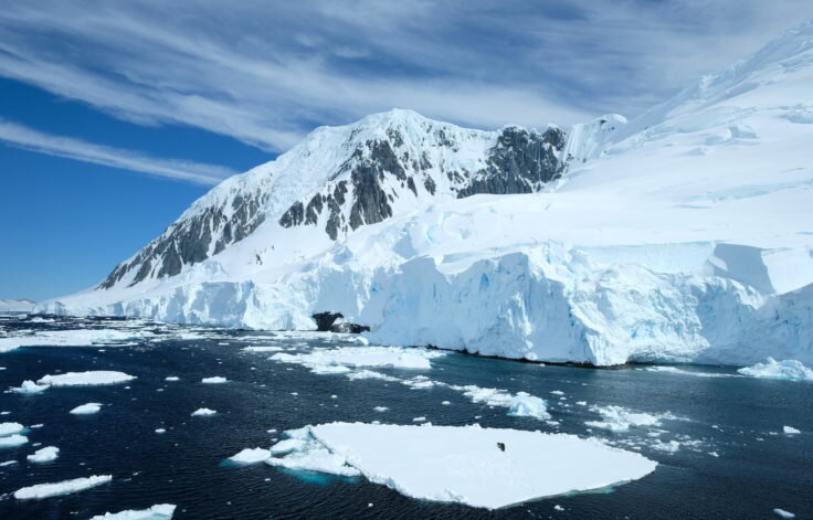 Glacial landscape with icebergs on the Antarctic Peninsula
